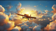 Vintage Old Propeller Fighter Plane Flying In The Sunset Blue Sky With Clouds