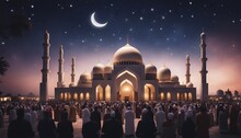 Ramadan Eid Prayers At A Majestic Mosque Under Crescent Moon