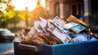 Detail of a recycling bin overflowing with flattened cardboard boxes and newspapers.