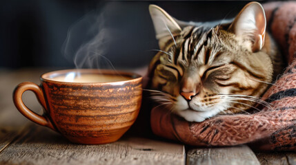 Wall Mural - A striped cat sleeps by a steaming cup of coffee.