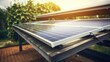 Closeup of solar panels mounted on top of a carport structure.