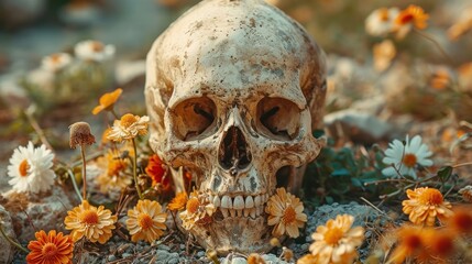 A skull is surrounded by flowers and other plants, AI