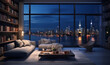 Interior Design modern Living room, windows show stunning view of the city skyline, Empty room apartment a living room with a large tv and a large window.