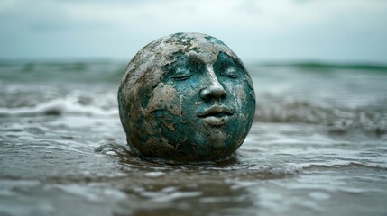 Sticker - A stone face in the water with a blue eye, AI