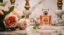 Elegant Perfume Bottle And Roses. Neural Network AI Generated Art
