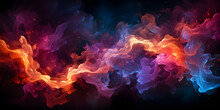 Colorful Burning Fire Flames On Black Background. Multicolored Smoke Blooms