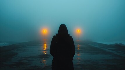 A person standing in the fog at night with two street lights, AI