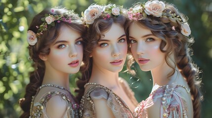 Girls dressed as greek goddess statue aphrodite, young woman fashion model with flower crown floral headband beautiful skin make-up studio shot