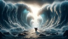 Moses Parting The Red Sea, With Big Waves Of Water On Either Side And A Path Through The Middle, Emphasizing The Miraculous Event