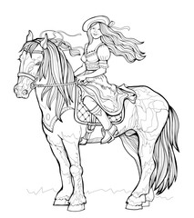 Wall Mural - Coloring book for children and adults. Illustration of beautiful happy girl riding the horse. Printable page for drawing and meditation. Black and white vector template.