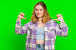 © Andrii Iemelianenko - I am the best, choose me. Young happy woman feeling very proud pointing herself, looking self-confident, overjoyed by success, making choice. Redhead adult girl isolated on green chroma key background