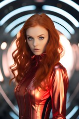 Wall Mural - Portrait of young red haired model girl in stylish superhero costume, in pink white neon light. Cyber fashion futuristic portrait concept, banner, mobile phone wallpaper, Artificial Intelligence