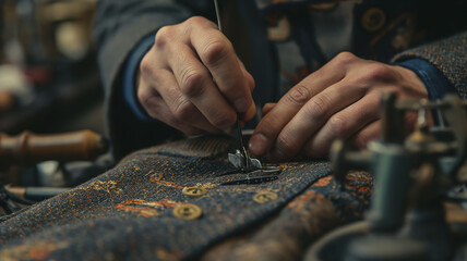 Close up shot of experienced tailor is sewing custom handmade high quality apparel in ancient luxury traditional tailoring workshop
