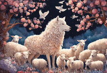 White Polar Wolf With A Flock Of White Lambs Among Blooming Pink Trees At Night