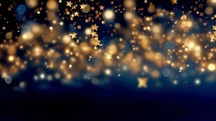 Poster - Twinkling Sparkling Golden Stars on a Blue Background. Festive Background