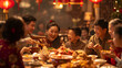 multi-generational Chinese family gathered around a large dining table filled with traditional festive dishes