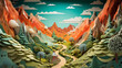 A whimsical world where paper cut out trees and mountains surround a cyclist 3D rendered
