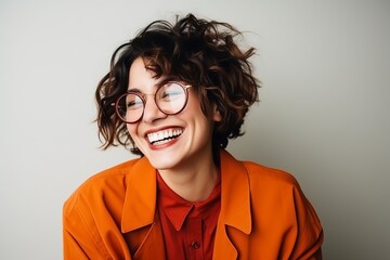 Wall Mural - Portrait of a beautiful young woman in orange shirt and glasses.