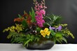 Enchanting pot with rainbow orchids and lush ferns. Generative AI