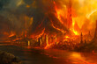 City being overflowed with lava, apocalyptic theme
