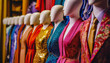 Costumes lined up, colorful, gaudy, costume room, close-up