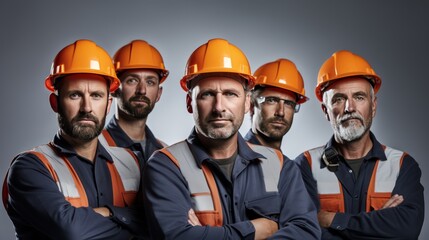 Wall Mural - A Confident team of engineers, wearing hard plastic helmets, arms crossed, looking up, white isolated background.
