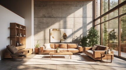 Wall Mural - A Minimalist interior design of Mid-century loft home in a clear loft modern living room in house in forest. a room with morning sunlight streaming through the window.