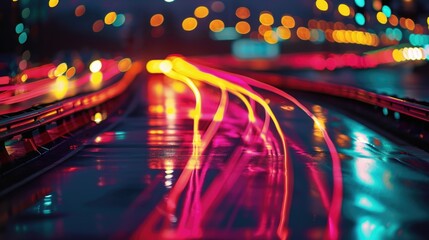 Wall Mural - The neon lane markers seem to blur together as cars p by at lightning speed creating a mesmerizing light show