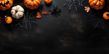 Happy Halloween Flat Lay Mockup With Pumpkins And Spider Web On Black Background