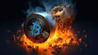 a bitcoin coin emerges with intense fiery and smoky visual effects, illustrating the power and energy of the leading cryptocurrency