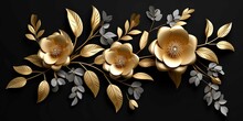 Beautiful Golden Flowers With Black Leaves Isolated On A Dark Black Background. Creative Mystery Concept. Elegant Love And Passion Floral Idea. 3d Illustration