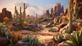 Fototapeta Londyn - Explore the wonders of a simulated desert ecosystem exhibit, with a stunning 3D rendering of cacti, sand dunes, and the unique flora and fauna of arid regions.