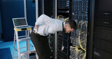 Poster - Server room, man and back pain, health problem and technician by database computer. Stress, data center and programmer with backache fibromyalgia, muscle inflammation and sick with spine injury
