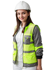 Beautiful industrial engineer wearing a Hi-Vis jacket and white helmet, confidently smiling and looking at the camera, isolated, transparent background, no background. PNG.