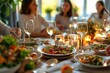A family gathers around a beautifully set dining table, enjoying a delicious meal together, the table adorned with elegant tableware and a centerpiece