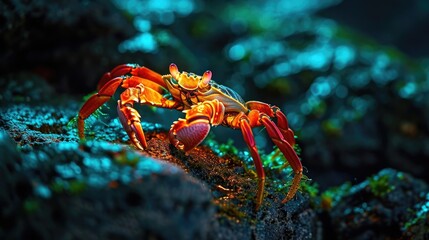 Wall Mural - A neon orange crab stling along a neon green rock both seemingly aglow with energy