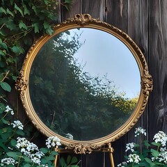 empty round mirror with vintage frame backdrop surround by tropical leaves on wooden wall For Product Display, presentation, mockup, 