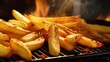 A closeup view of a batch of fries, highlighting the crispy and golden exterior caused by the Maillard reaction between the potatoes starches and sugars during frying.