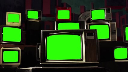 Wall Mural - old retro tvs turning on green screen with static noise. you can replace green screen with the foota