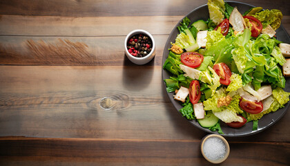Canvas Print - Fresh healthy salad on wooden table. View from above with copy space. high quality photo