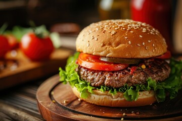 hamburger on a wooden plate