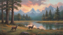 Frame Art, TV Art, Peaceful Natural Scenery With A Deer View, Deer In The Woods, Vintage Oil Painting, Printable Digital Art