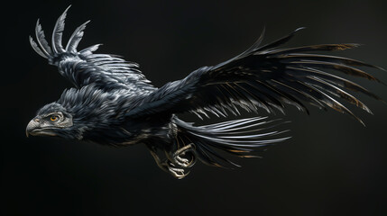 Wall Mural - Microraptor flying dinosaur on black background