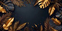 Collection Of Tropical Leaves In Gold Color On Black Space Background. Abstract Leaf Decoration Design, Empty Center, Copy Space, Generative Ai