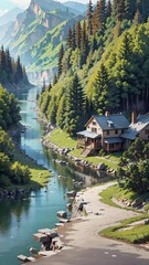 Canvas Print - A beautiful view in the middle of a forest filled with colorful flowers with a fast flowing river. beautiful forest wallpaper with anime style