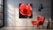 Red color chair against gray lining wall with a frame of red poppy flower in the black background, interior design of modern living room
