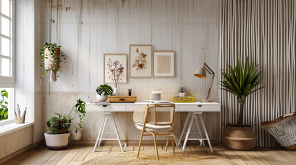 Sticker - Home office, wall mockup in Scandi-boho style living room interior. Ai Generative