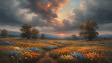 Frame Art, TV Art, Field With Wild Flowers, Sunrise In The Wild Field, Wild Flower Field, Flower Meadow, Vintage Oil Painting, Printable Digital Art