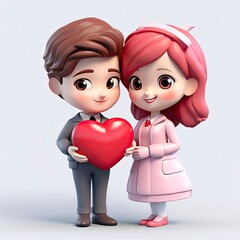 Wall Mural - Cute couple holding red heart love 3d cartoon, lover, 3D icon, kawaii, minimalism, character design, 3D iconic, 3D illustration, white background with generative ai