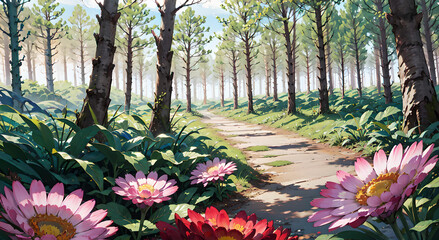 Wall Mural - A beautiful view in the middle of a forest filled with colorful flowers with a fast flowing river. beautiful forest wallpaper with anime style